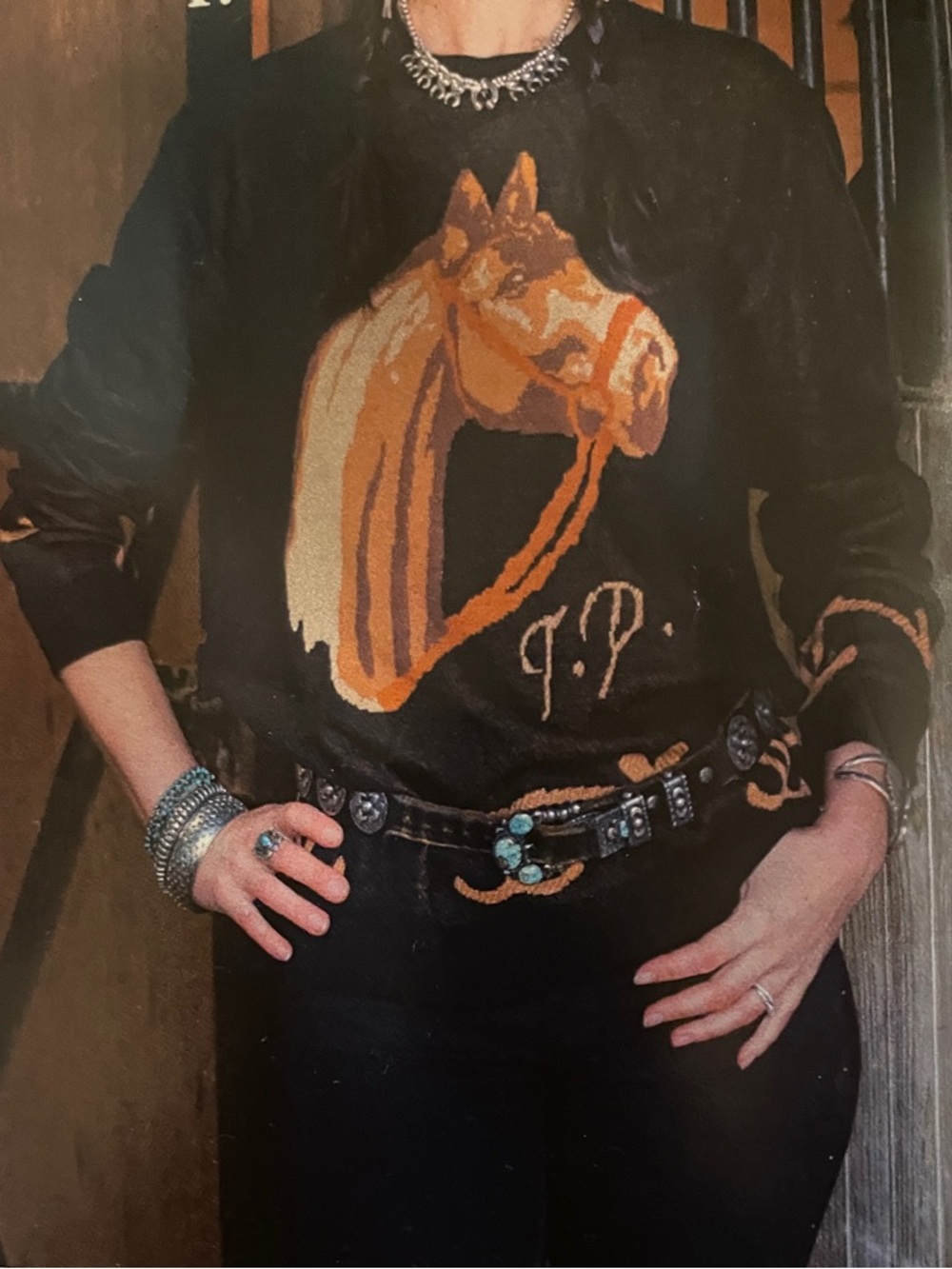 Tasha Polizzi Black Sweater with Orange and Cream Horse Motif